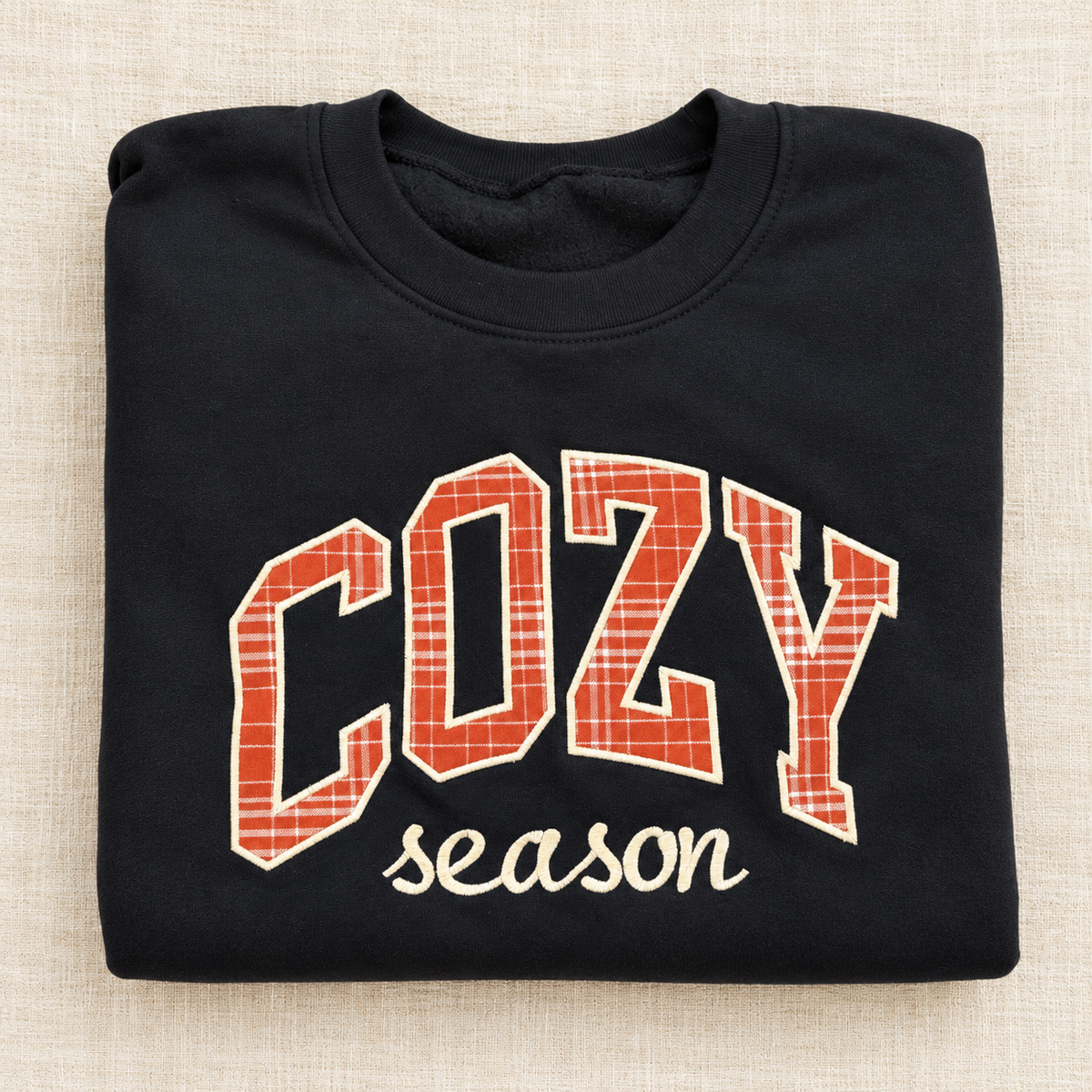 COZY Season | Orange Plaid Appliqué Crewneck