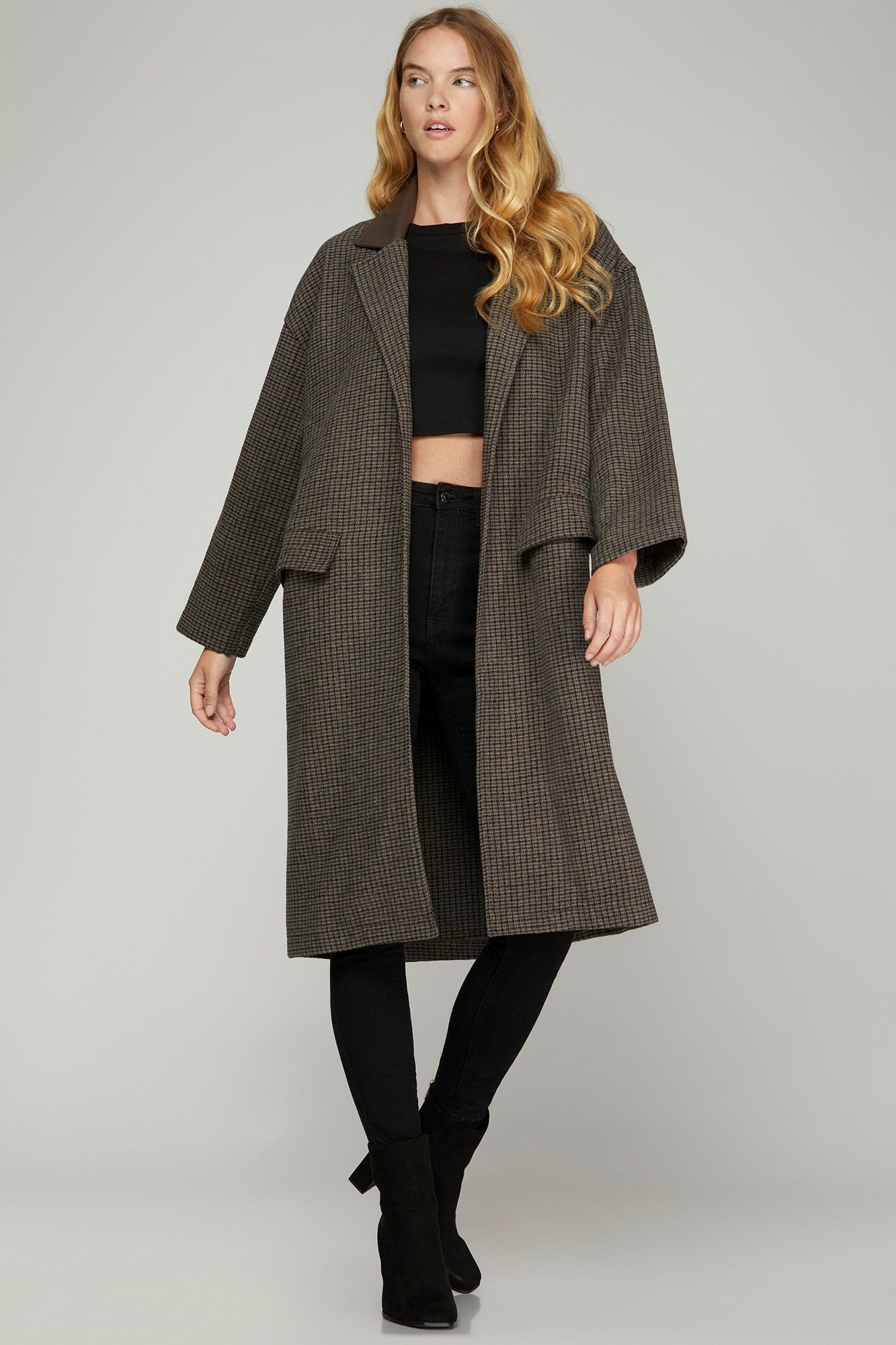 Oversized Check Open Front Coat