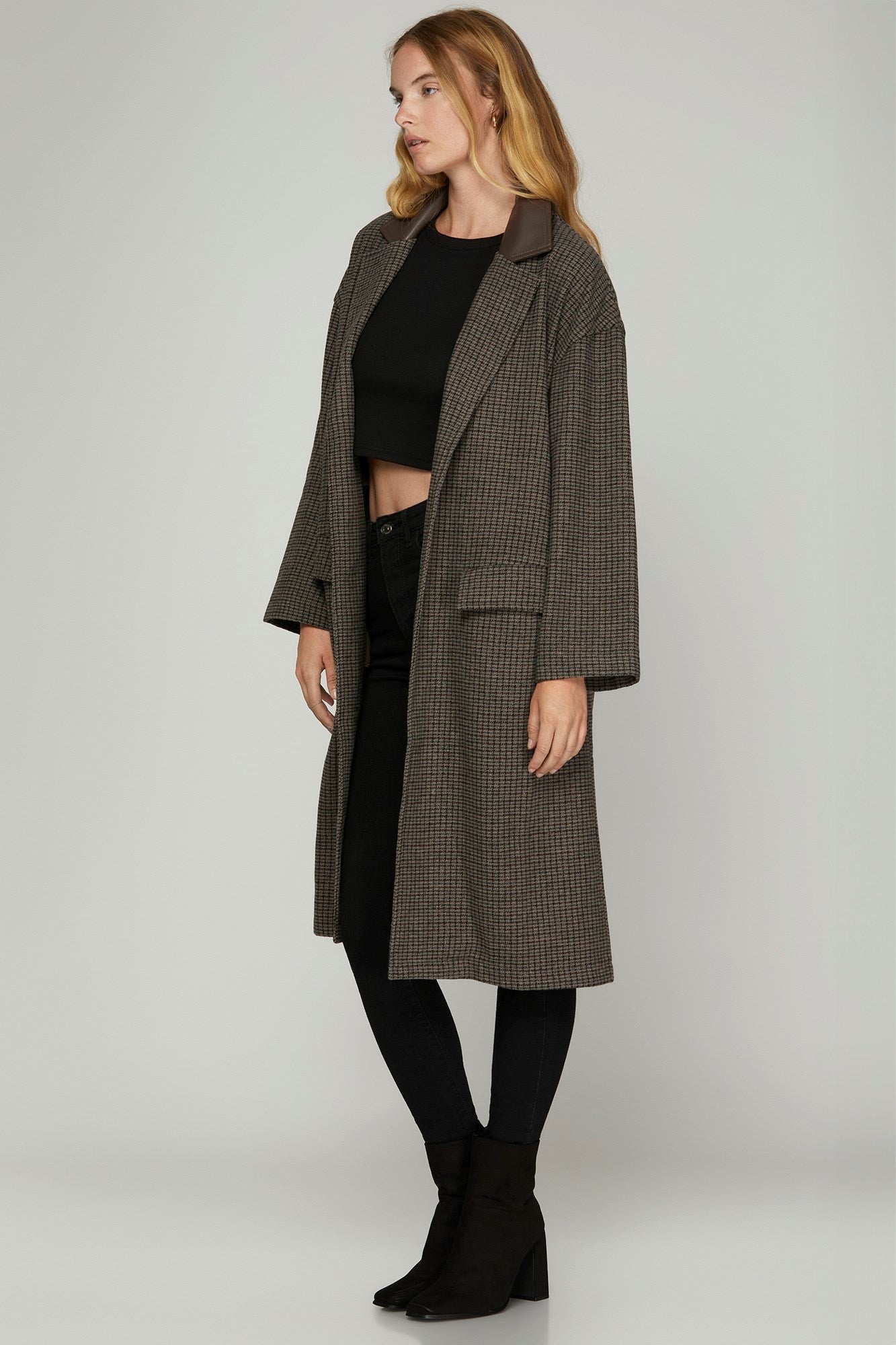Oversized Check Open Front Coat
