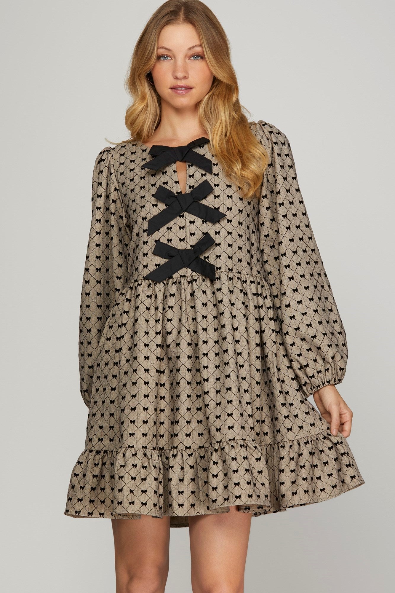 Flocked Bow Woven Dress