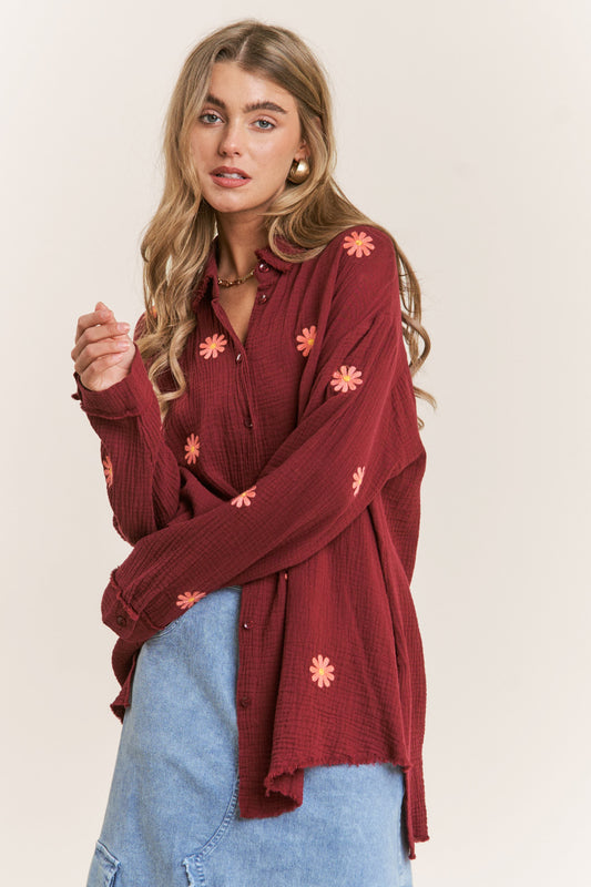 Gauze Daisy Embroidered Button Down Blouse