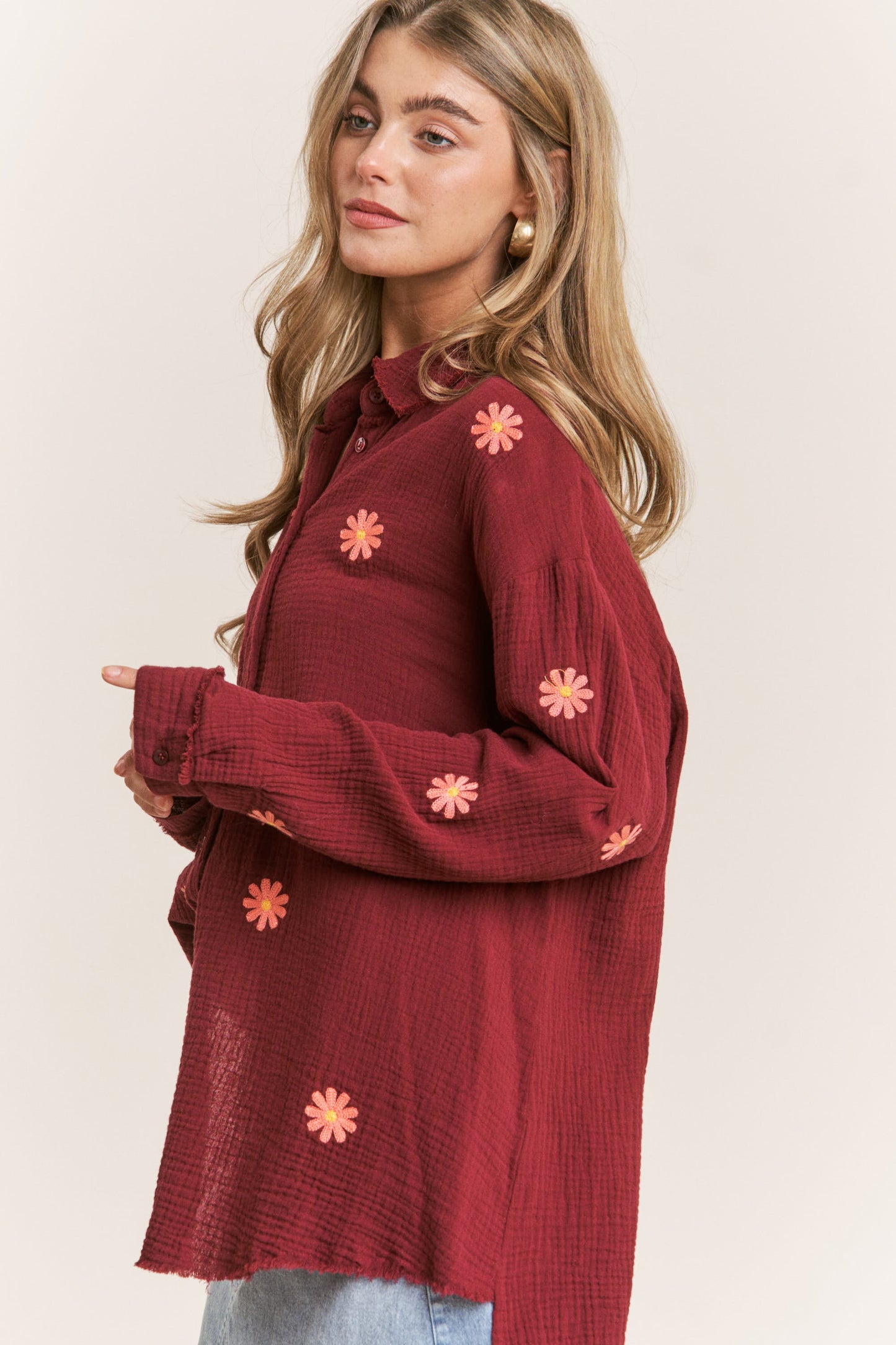 Gauze Daisy Embroidered Button Down Blouse