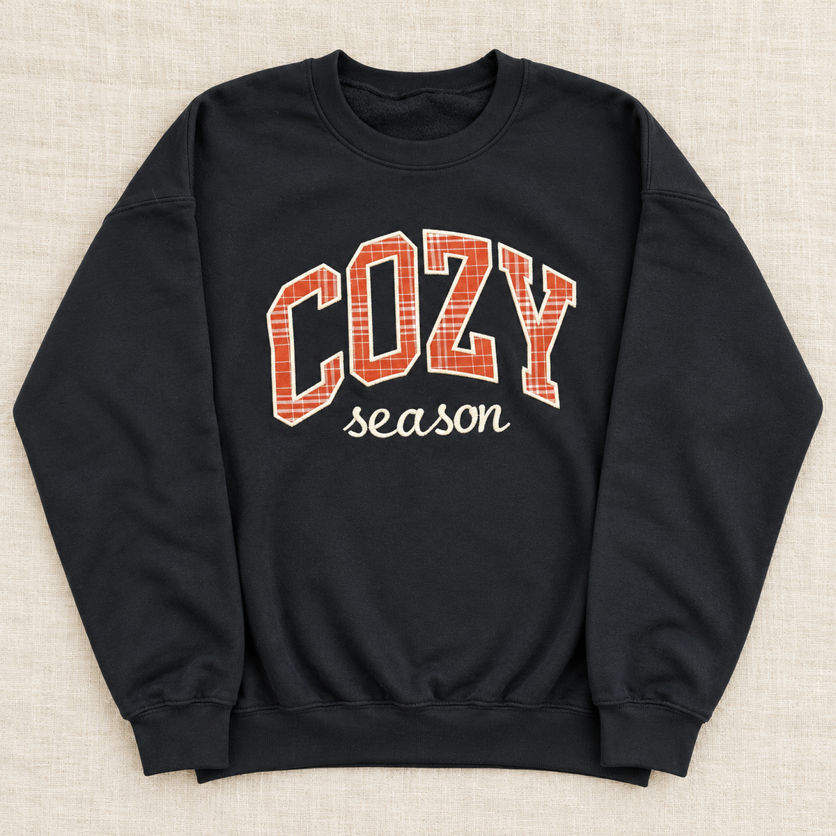 COZY Season | Orange Plaid Appliqué Crewneck