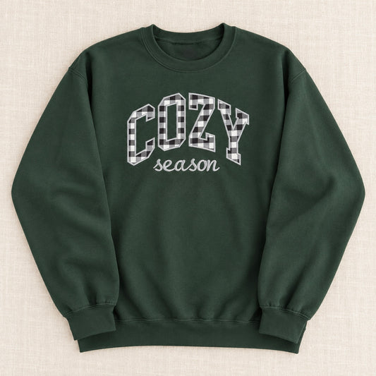 COZY Season | Grey Gingham Appliqué Crewneck