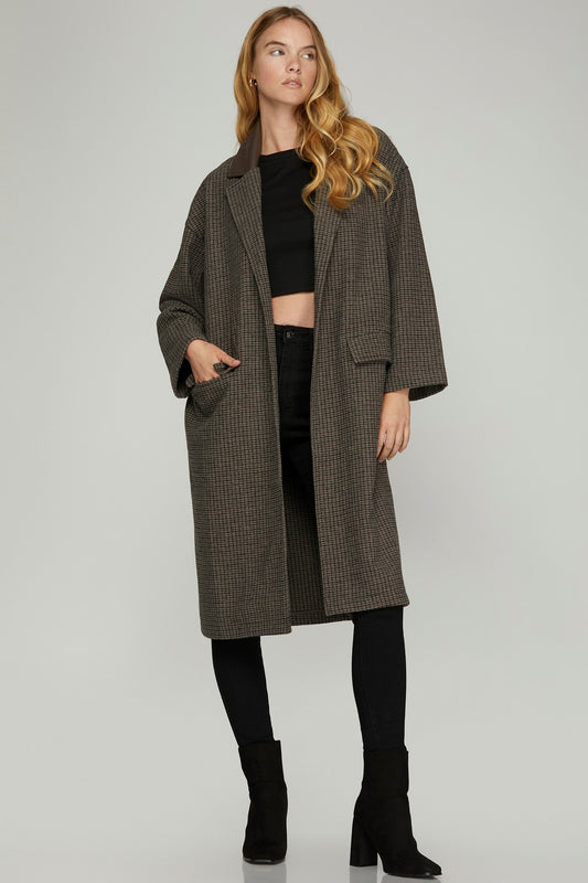 Oversized Check Open Front Coat