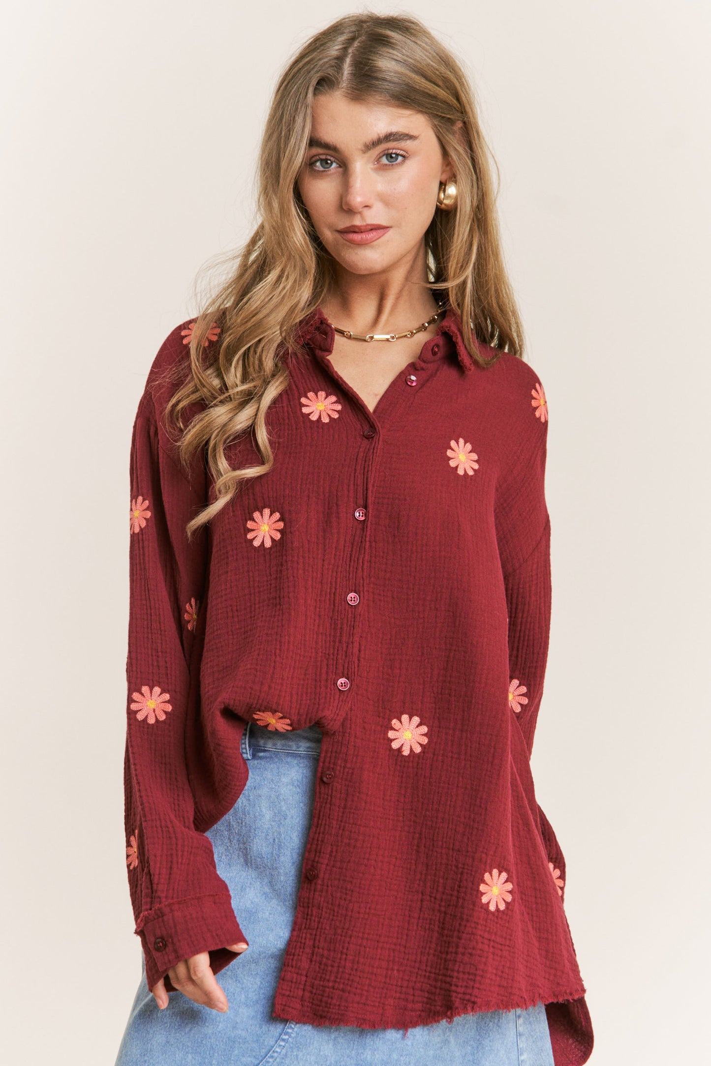 Gauze Daisy Embroidered Button Down Blouse