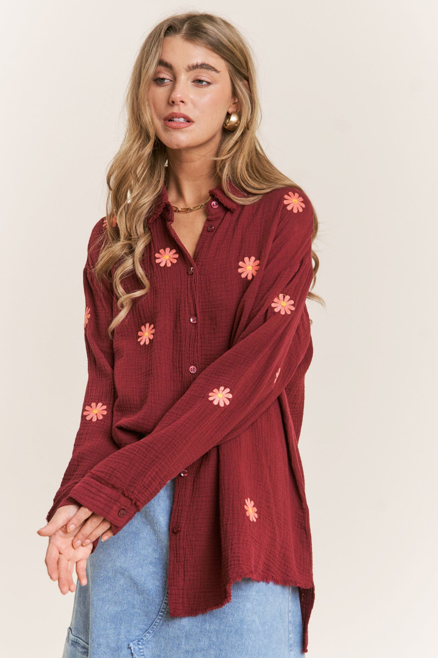 Gauze Daisy Embroidered Button Down Blouse