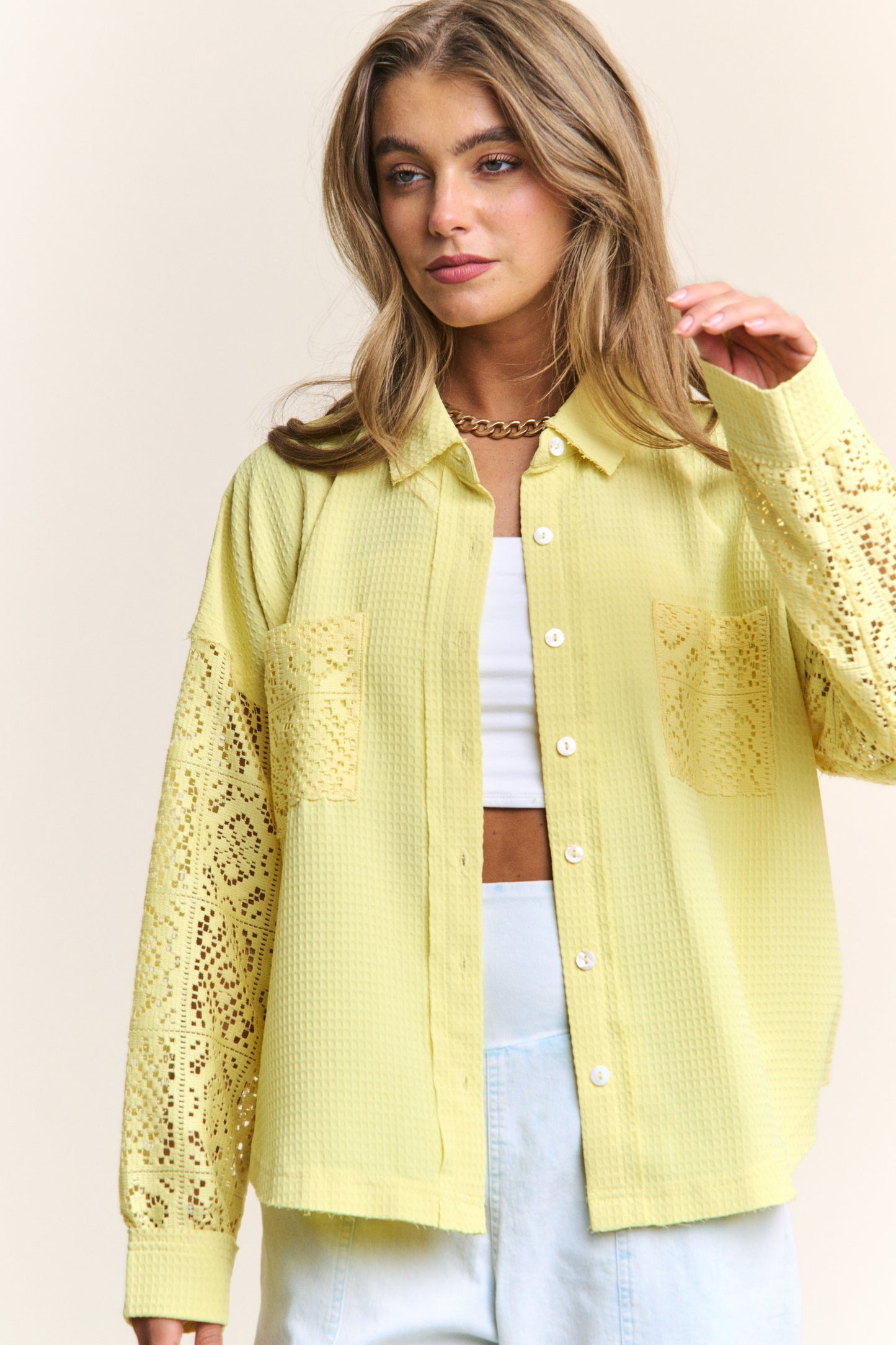 Lace Sleeve Button Up Blouse