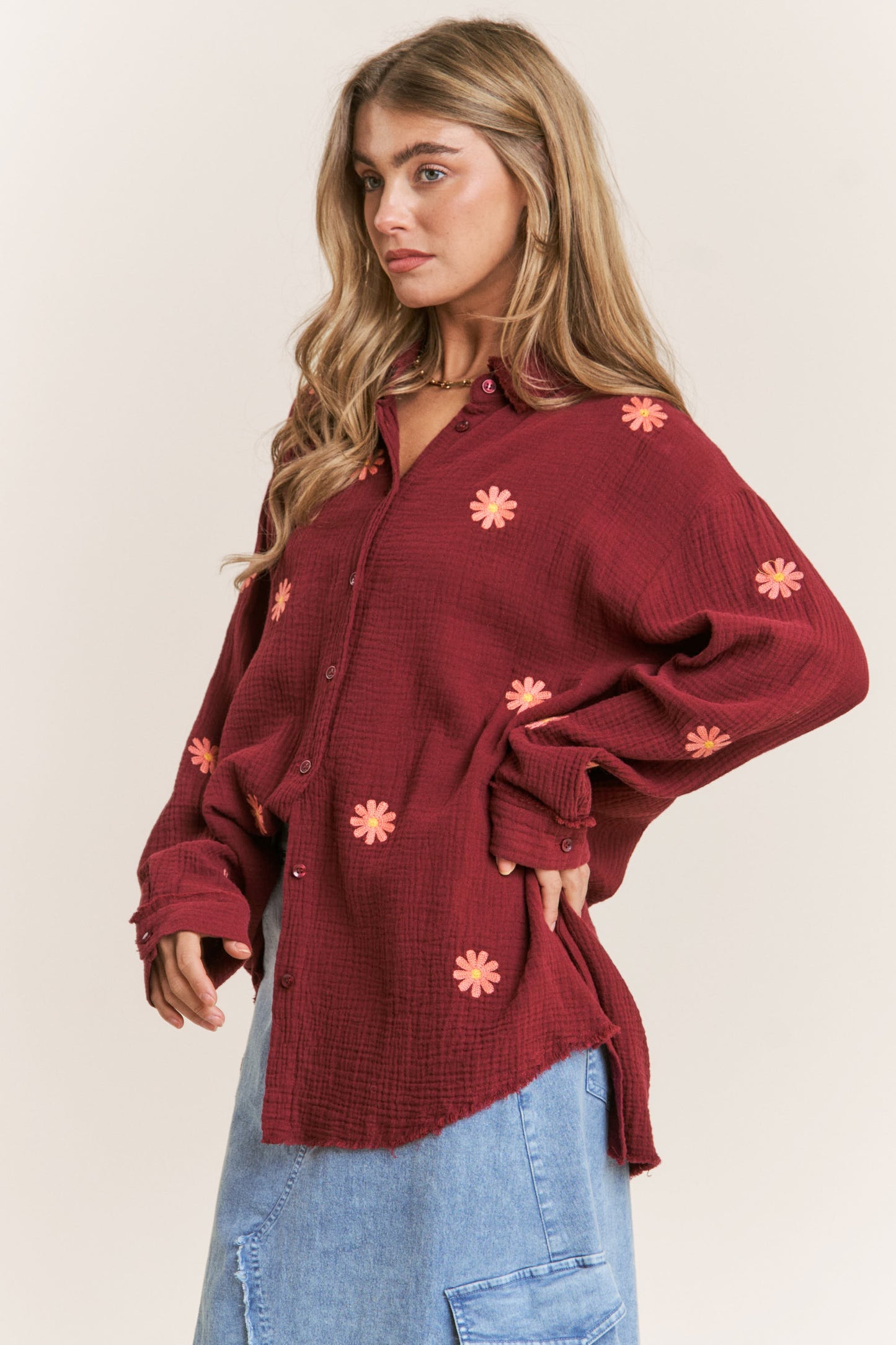 Gauze Daisy Embroidered Button Down Blouse